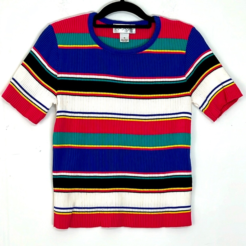 🌞 Kim Rogers colorful striped short sleeve round neck ribbed sweater women M